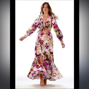 Walker & Wade Tropicana Fuchsia Floral Maxi Hi Lo Skirt Pull On Resort Wear XS